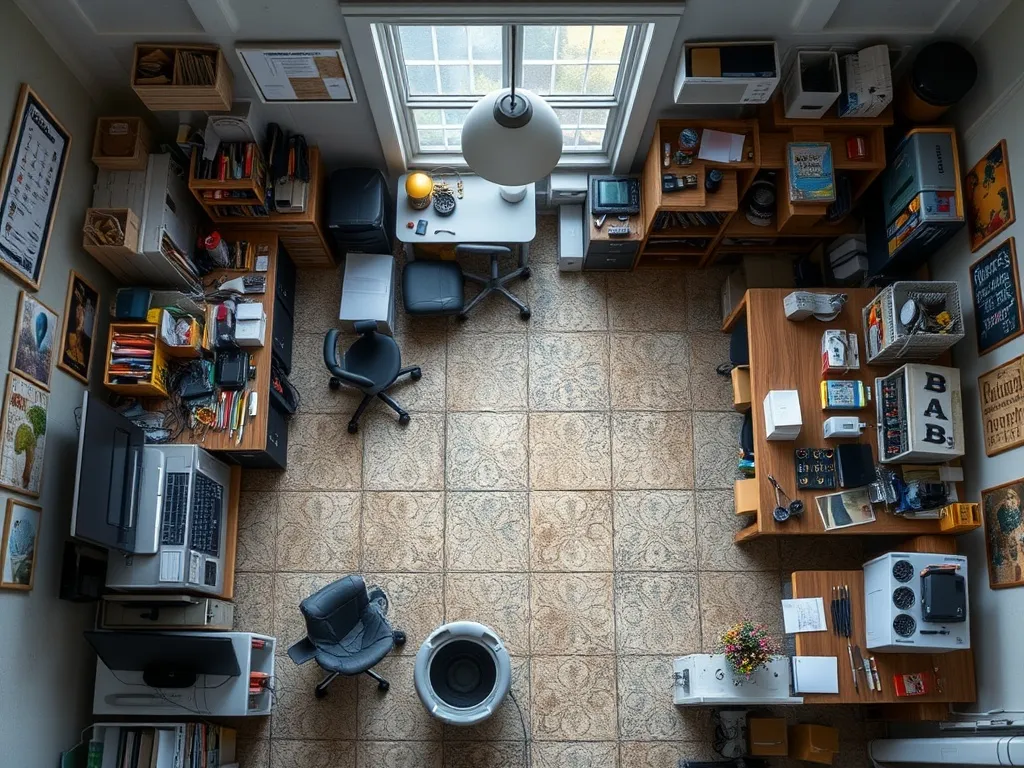 Hobby room with display shelves and work surface