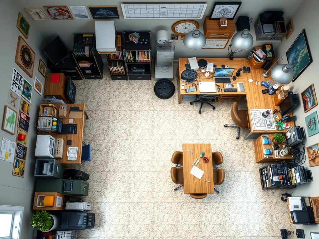 Craft room with pegboard and wooden desk